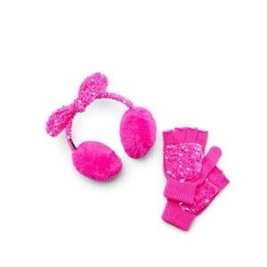 Justice Girl’s Sequin Velvet Earmuff & Fingerless Gloves Set Bright Pink OS NWT